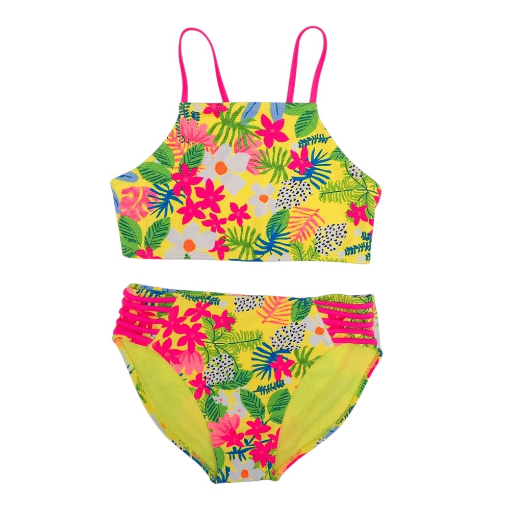 Art Class Neon Yellow & Pink Floral Leaves Bikini Swimsuit Set- Girl's Kids XL